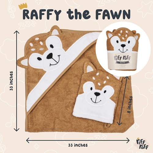 Image of Riff Raff Pretty Fawn Hooded Towel - Premium Cotton Baby Towel with Mitt Set - Ultra Soft Machine Washable Cartoon Hooded Baby Towels - Baby Towels with Hood for Newborn Baby, Infants, Toddlers
