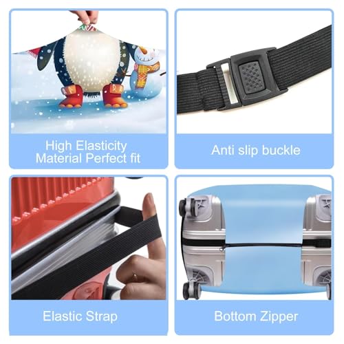 Image of Christmas Penguin Luggage Cover - Cute Winter Penguin Suitcase Protector, Holiday Travel Luggage Sleeve, Stretchable & Waterproof, M