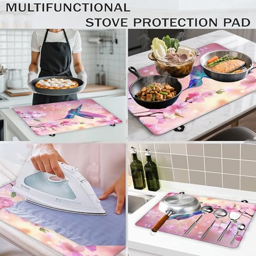 Image of Hummingbird Glass Top Stove Cover Protector,Pink Peach Flowers Stove Top Covers for Electric Stove,Washable Heat Resistant Cooktop Mat Anti-Slip Range Covers, 28 x 20 Inch