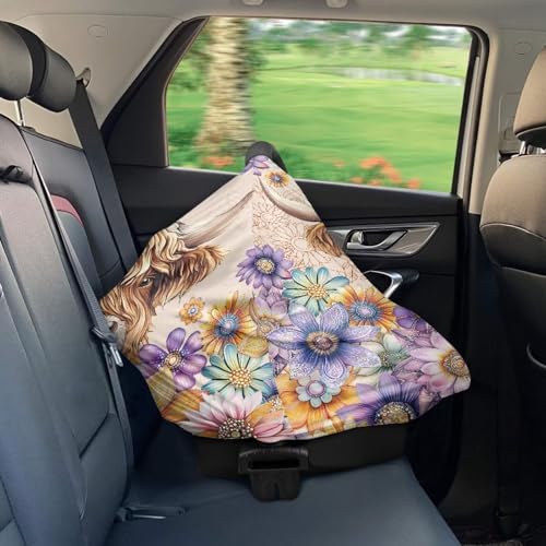Image of Highland Cow Carseat Cover for Babies, Dahlia Floral Breathable Infant Carseat Cover for Baby Girl Carrier Cover, Shopping Cart Cover for Baby