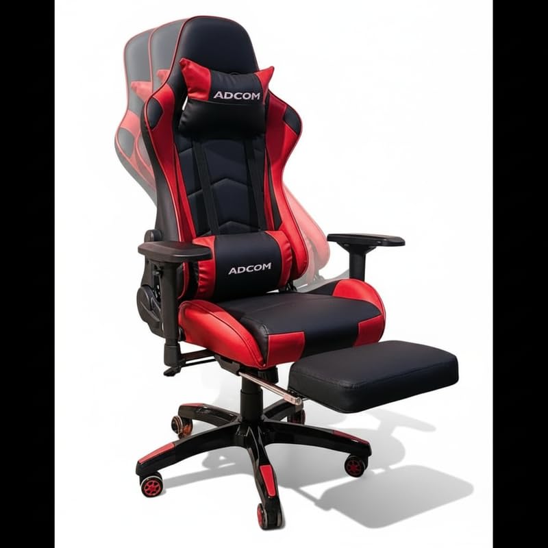 Image of Adcom Mutant Pro Adjustable Gaming Chair, PU Leather, 180 Recline, Ergonomic Neck & Lumbar Support, 4D Armrests with Footrest (Black & Red)