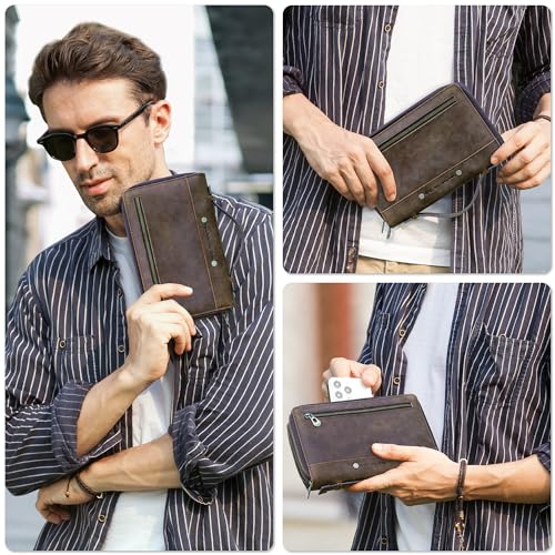 Image of Top Grain Genuine Leather Clutch Wallet Bag with Hand Strap for Man & Woman, Handmade Minimalist Vintage Design, 2 Zip Pockets & Multi Slots, RFID Large Capacity for Cards /Phone /Check /Banknote, Coffee