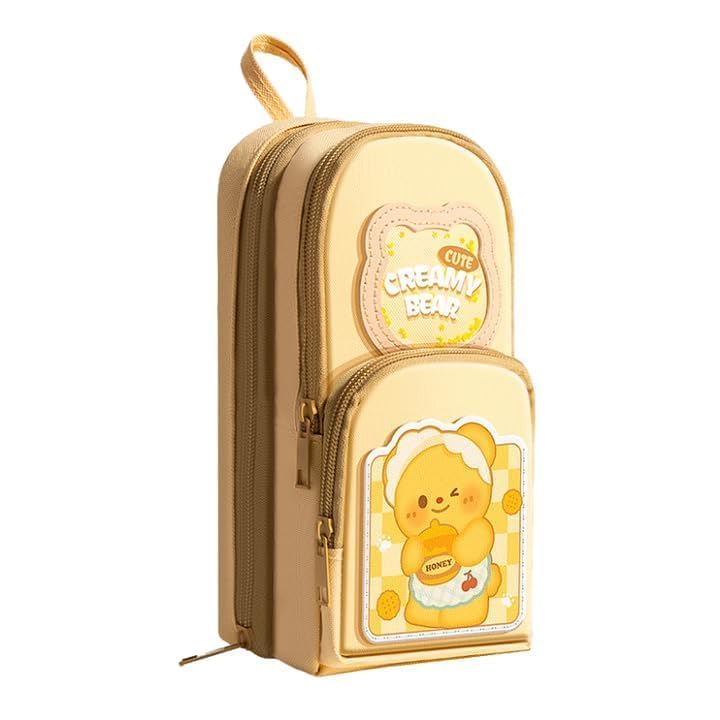 Image of Canvas School Bag Pencil Case, 3 Layer 6 Compartment Large Capacity, Aesthetic Pencil Pouch for Stationary, Cute Stationery for Kids, Pencil Case for Girls & Boys (Creamy Bear Kit)