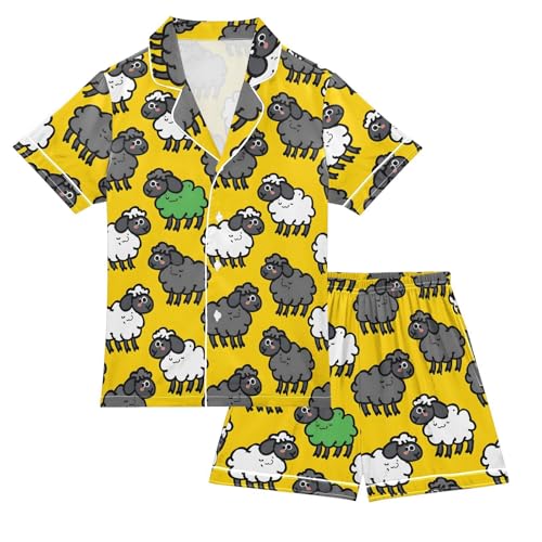ALAZA Cartoon Sheep Yellow Satin Pajamas Set Short Sleeve Button Down Sleepwear Summer Pjs 2 Piece