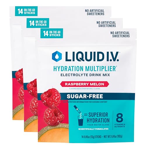 Image of Liquid I.V. Sugar Free Hydration Electrolytes, Raspberry Melon, 42 Count | Scientifically Formulated | Clinically Proven Hydration | Zero Sugar | No Artificial Sweeteners | Non-GMO | Powder Drink Mix