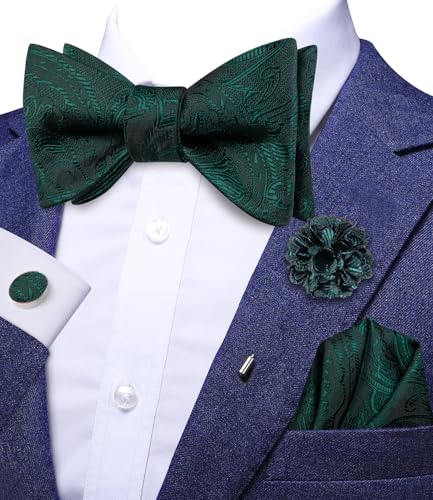 Image of Dubulle Self Tie Bow Ties and Lapel Pin for Men Paisley Solid Mens Bowtie and Handkerchief Cufflinks Set Wedding