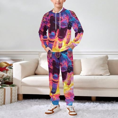 Boys Girls Clothes Outfits 2 Piece Long Sleeve Hoodie Pants Kid Sweatpants, Hockey Players Hippie Neon3