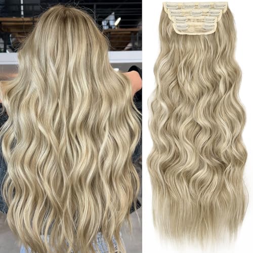 Image of KooKaStyle Wavy Clip in Hair Extensions 24 inch Ashy Beige Blonde Balayage