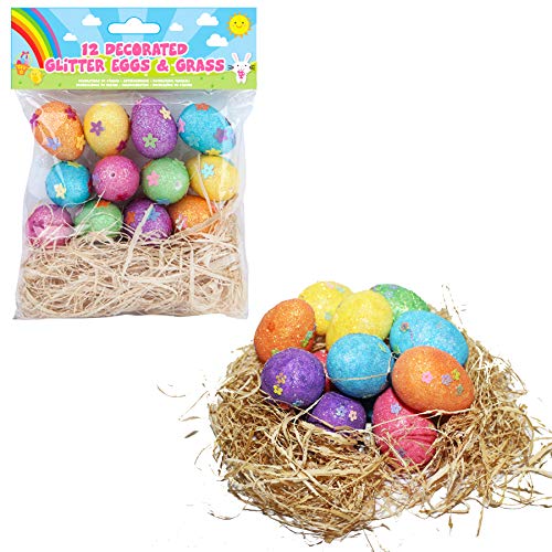 Widdle Celebrations 12 Glitter Easter Eggs with Grass, ideal for egg hunt or basket making