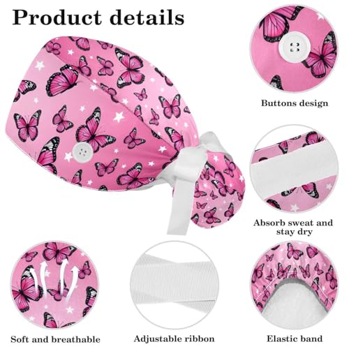 Image of Colored Butterflies Scrub Caps Women Ponytail, Adjustable Bouffant Surgical Caps with Button, Nurse Hats Long Hair
