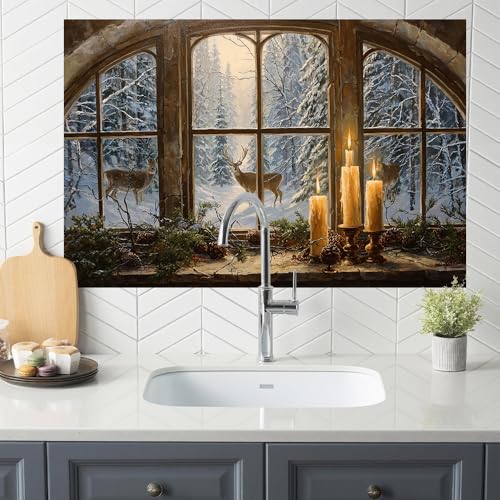 Image of Winter Deer Arched Window Backsplash Peel and Stick, 35.4x23.6 in