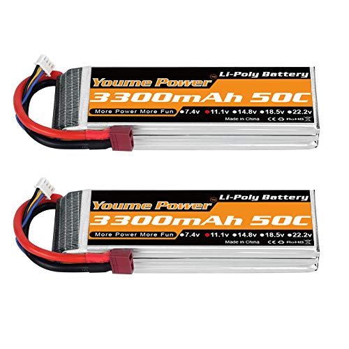 Youme Power Batería de LiPo 3s, 11.1V RC Lipo 3300mAh 50C Deans T Enchufe para RC Coche Camión Truggy Avión UAV Drone FPV Planeador 3D Aviones del Parque Vortex 400mm X-Sled (2 Paquetes)