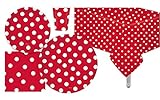 Serves 30 Complete Party Pack Red Polka Dot Party Supplies 9' Dinner Paper Plates 7' Dessert Paper Plates 9 oz Cups 3 Ply Napkins 2 Red Polka Dot Table Cover Size: 54' x 108'