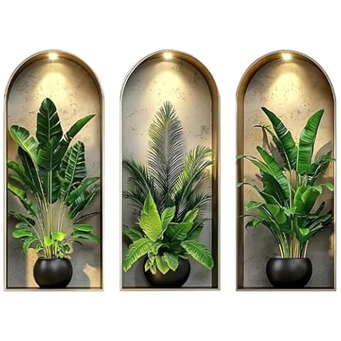 Naklejki ścienne 3D z roślinami, 3 sztuki, 25 x 60 cm, tatuaż ścienny, rośliny z zielonymi roślinami doniczkowymi, wazony na kwiaty, obrazy ścienne do salonu, samoprzylepna winylowa naklejka ścienna