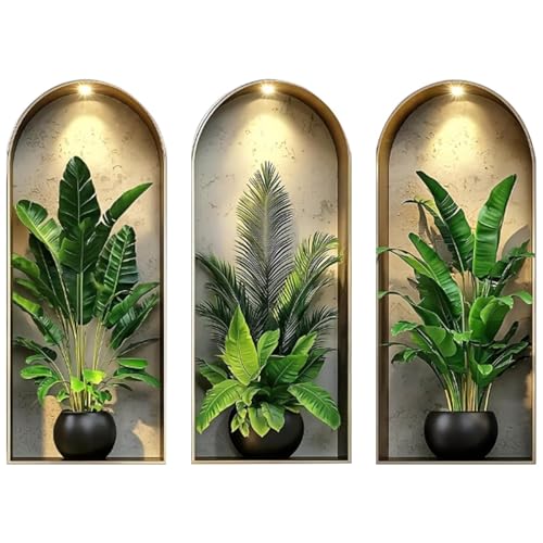 Naklejki ścienne 3D z roślinami, 3 sztuki, 25 x 60 cm, tatuaż ścienny, rośliny z zielonymi roślinami doniczkowymi, wazony na kwiaty, obrazy ścienne do salonu, samoprzylepna winylowa naklejka ścienna