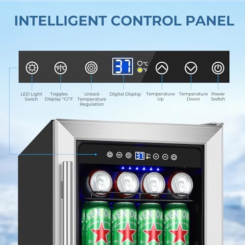 Image of 15 Inch Beverage Refrigerator Under Counter, 130 Cans Beverage Fridge Built-in or Freestanding, 15 inch Drink Cooler with Glass Door, Blue LED Light, Safety Lock - for Home /Kitchen(3.1 cu.ft)
