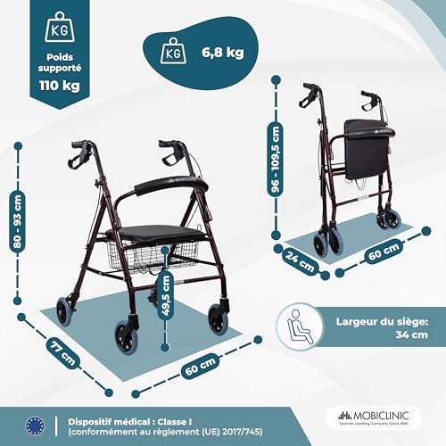 Mobiclinic®, Deambulateur 4 Roues Pliable Leger, Pliable, Freins manuels et blocables, Aluminium, Panier, Léger résistant, Avec siège 4 roues, Bordeaux, Escorial – vue 3