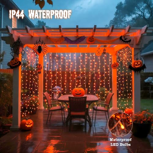 Image of JMEXSUSS Orange Curtain Lights for Halloween, USB Plug in, 200 LED | Remote Control, Halloween Curtain String Lights, 8 Modes Orange Hanging Window Lights for Bedroom Party Indoor Outdoor Decor