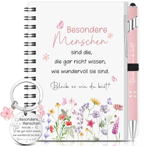 Hestya 3 Motivationsgeschenke für Freundin Kollegen Blume Notizblock Rosa Kugelschreiber mit Spruch Inspirierend Schlüsselanhänger Besondere Menschen Geschenk für Kollegin Geburtstag Abschied Danke