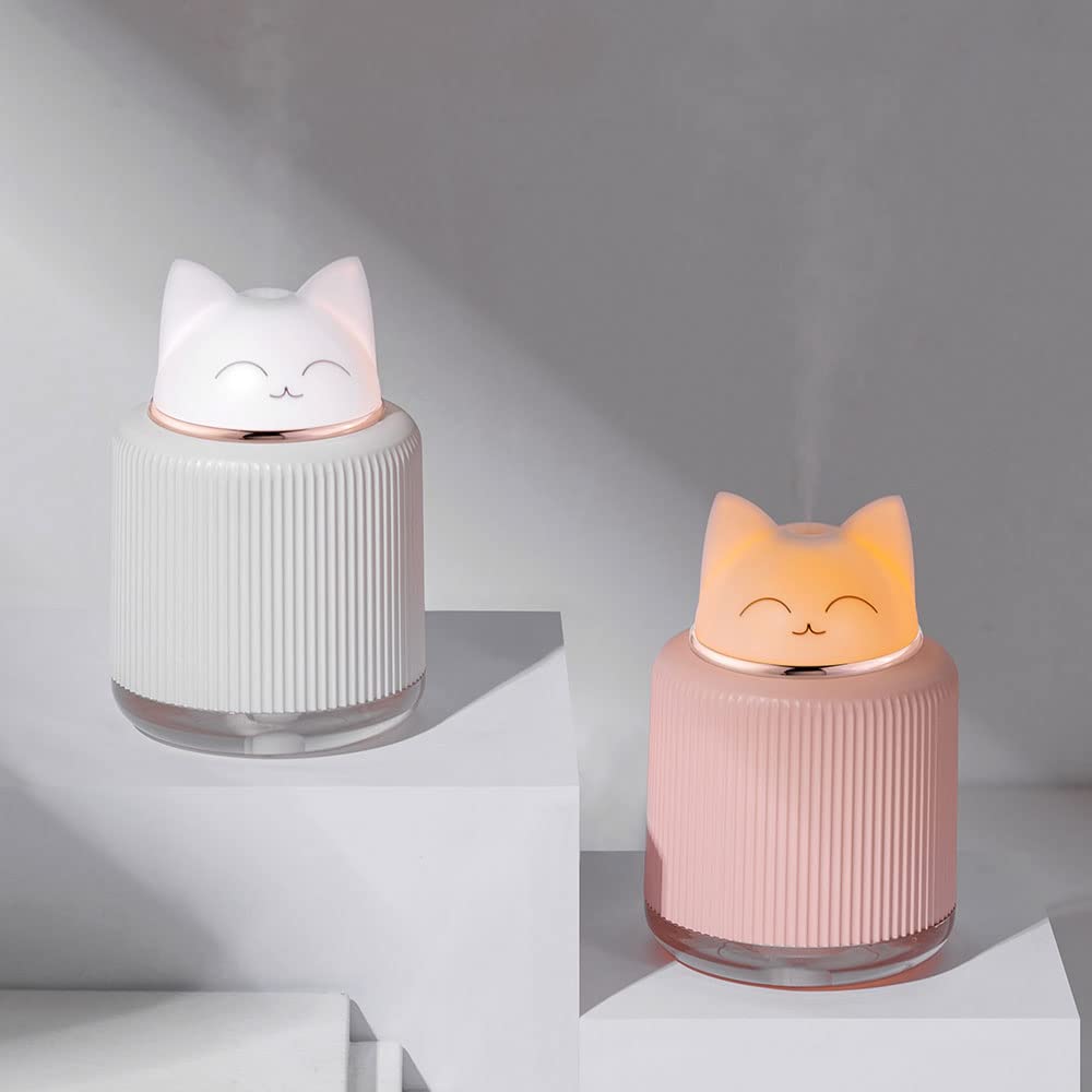 YUCHAO WONDER Mini nawilżacz - uroczy nawilżacz z kocią mgłą do sypialni dziecięcej, mały ultradźwiękowy nawilżacz do domu, samochodu, biura z USB 2 kolorami LED, bezwodny, automatyczne wyłączanie