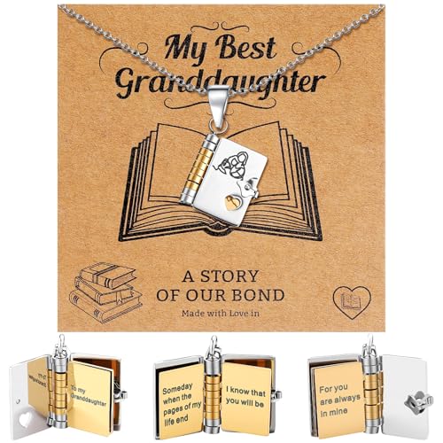 Kingdder Granddaughter Book Necklace from Grandma/grandpa Adjustable 6-page Engraved Chapter Book Pendant Necklace Jewelry with Gift Box and Card My Best Granddaughter Keepsake Gift from Grandmother
