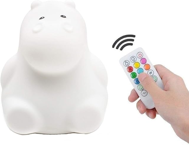 Tekemai Night Light, Kids Bedside Lamp, Baby Nursery Lamp for Breastfeeding Safe, Break Resistant, Eye Caring, Adjustable Brightness & Color, Timing Function, Remote Control + Touch Control - Hippo