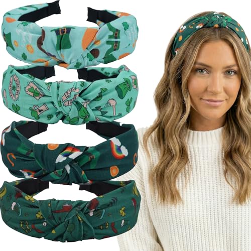 Bookay 4-pack St. Patrick's Day Headband for Women,Green Lucky Clover Shamrock Irish Hair Bands,Non-Slip Knotted Head bands for Thin Thick Hair
