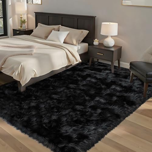Latepis Black Shag Rugs 8x10, Faux Fur Sheepskin Rug for Living Room, Fluffy Washable Rug for Bedroom, Dorm, Luxury Room Decor, Rectangle