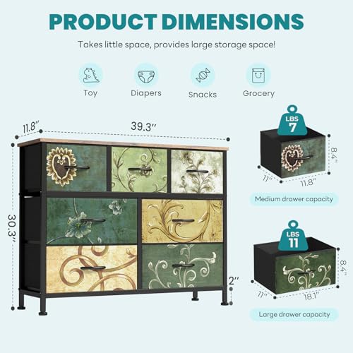 Image of OLIXIS 7 Drawer Closet Organizer, Storage Tower with Sturdy Steel Frame | Dresser for Bedroom, Wooden Top & Easy Pull Fabric Bins, Clothes Organization, Living Room Entryway, Floral