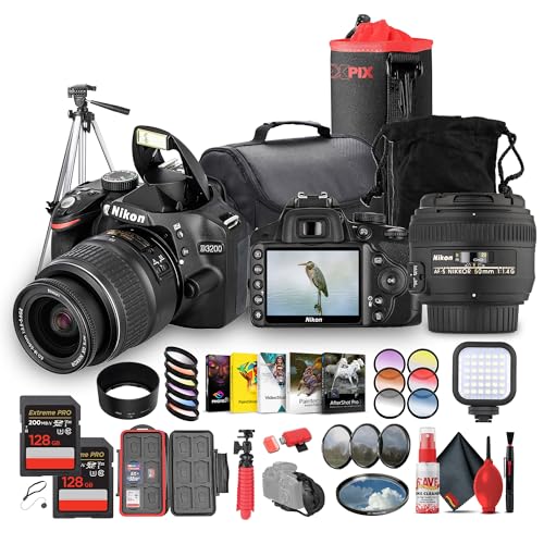 Nikon D3200 DSLR Camera with 18-55mm VR Lens – 24.2MP, Full HD 1080p Video, 11-Point Autofocus + Nikon 50 f/1.4G AF-S 58MM Lens + 128GB Memory Card + 72' Tripod + LED Light + More
