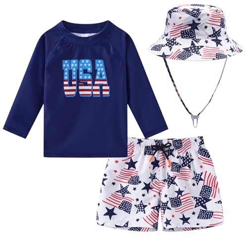 Image of Toddlers and Baby Boys' 3-Piece Swimsuit Trunk Rashguard Set and Sun Hat Swimwear Bathing Suit Sunsuit Swim Shirt UPF 50+