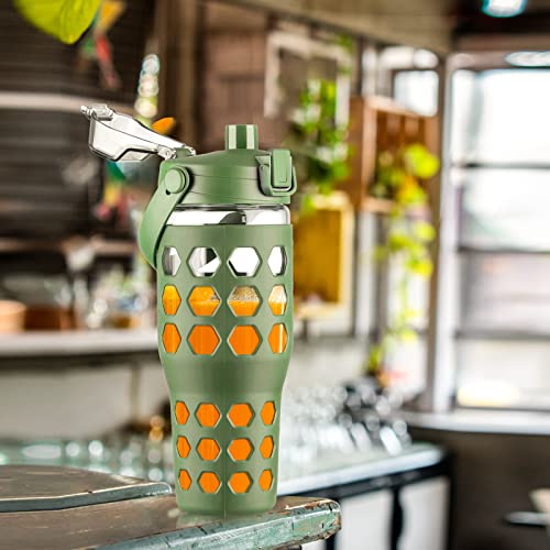 Mukoko 32Oz Glass Tumbler With Straw And Lid,Glass Water Bottles With Time Marker,Iced Coffee Cup,Silicone Sleeve,Leakproof,Bpa Free-Olive #TOP6