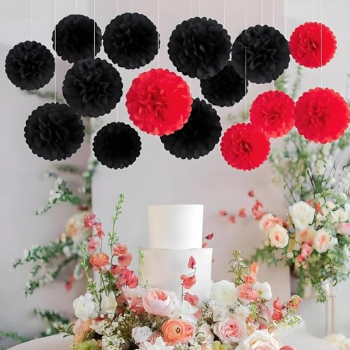 Image of XIKSXITN 12 pc Black Red Tissue Paper Pom poms-Hanging Paper Pom Poms Paper Flowers Ball for Party Decorative(10&12 inch)