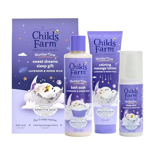 Childs Farm SlumberTime Sweet Dreams Sleep Gift Set | 3-Step Sleep Routine | Lavender & Moon Milk Bath Soak 250ml Calming Massage Lotion 150ml Sleep Mist 100ml | Suitable for Dry & Sensitive Skin