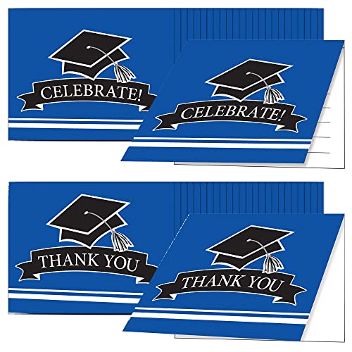 Creative Converting 25 Count Blue Celebrate! Party Invitations And 25 "Thank You Cards - Graduation Supplies For Class Of 2022 Bulk Supply Set With Black Grad Cap #TOP3