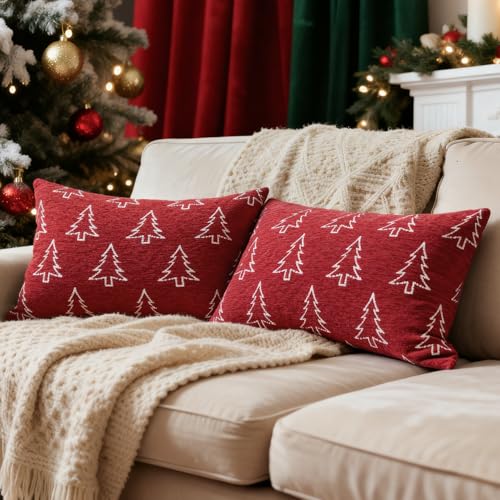 Image of 2 Pack Chenille Christmas Pillow Covers 12x20, Red Double-Sided Snowflake & Christmas Tree, Cozy Farmhouse Holiday Cushion Case, Decorative Throw Pillowcase for Sofa Couch Bed(Red,12x20)