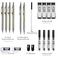Nicpro 6 Stück Druckbleistifte Set, Metall Zeichenstifte, 0.3 0.5 0.7 0.9 2 mm Minenschreiber, Bleistifte für Kalligraphie, Skizzieren, Zeichnen, mit Röhrchen Nachfüllminen, Radiergummis, Spitzer – Ansicht 6