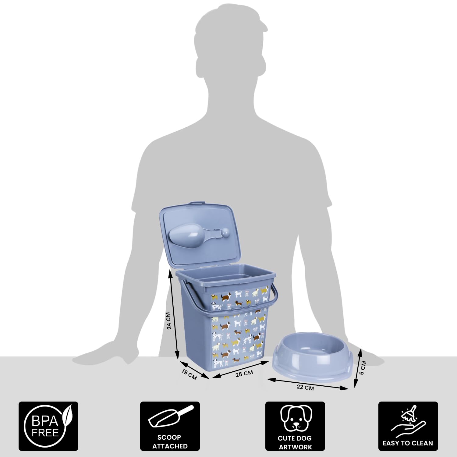 COMET Plastics 6L Pet Food Storage Container With Scoop and Pet Food Bowl | Cute Dog Artwork on your pet food storage container | Pet food bowl -750ml | BPA Free | Grey | Free Scoop | Free Bowl | 3
