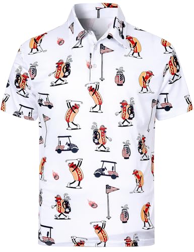 Funny World Hot Dog Shirts for Men 4th of July Polo Shirts Short Sleeve Golf for Adults, Hot Dog 4th of July, X-Large