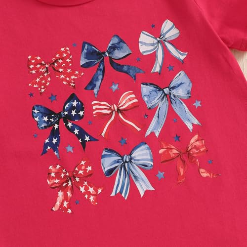Image of Kids Toddler Little Girls 4th of July T-Shirt Coquette Red White & Blue Patriotic Bows Retro American Flag Top