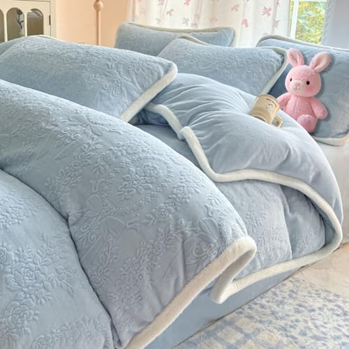 Mesnt Juego de funda nórdica de 4 piezas, doble lazo y ramo de flores, con sábana bajera ajustable y 2 fundas de almohada, poliéster, azul, estilo 5, 1,5 m - 200 x 230 cm