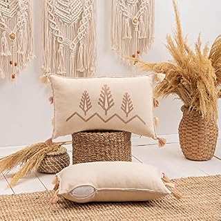 Milam London Set of 2 Boho 30 x 50 cushion cover | Soft Decorative Pillows | Cotton & Linen Throw Pillow Case With Embroidered Tree Pattern | Cream Cushion Covers 12 x 20 inch | New Home Gifts