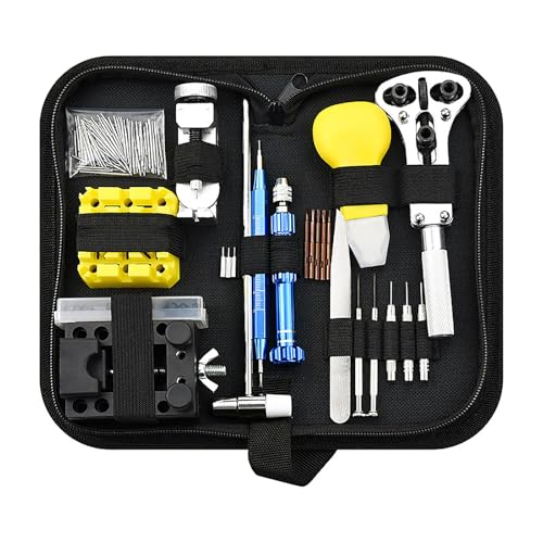 Herramientas Relojero Kit Reparacion Reloj Cambiar Pilas Relojes - Kit de 148 piezas para reparación de relojes incluye herramientas para abrir tapas quitar eslabones y ajustar correas con estuche