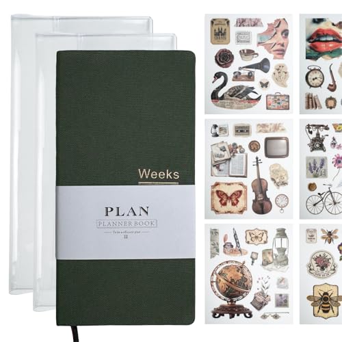 A6 Weeks Planner Notebook with 2 Clear Cover & 6 Sheets Scrapbook Stickers for Beginners Journal Notebook Transparent Weeks Cover Scrapbook Supplies (Dark Green)