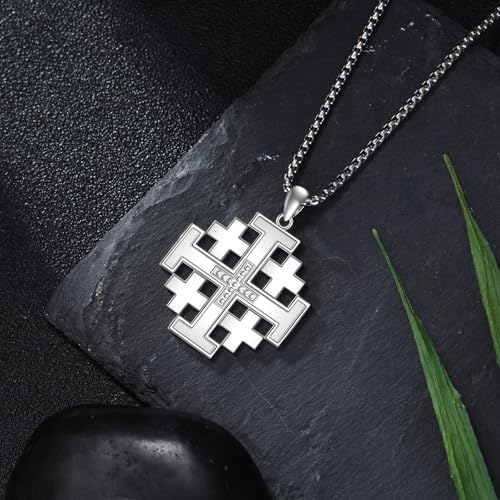 Jerusalem Cross necklace 925 Sterling Silver Jerusalem Cross Pendant Christian Jewelry for Men, w/Stainless Steel Chain 22”+2”2