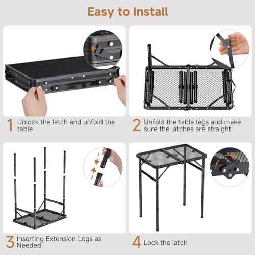 Image of Folding Camping Table, 22.8 inchx15.7 inch Picnic Table, 3 Adjustable Height | 2-Fold Mesh Black Aluminum, Handle for Party Dining Garden Patio, Max 27.5 inch Folding Table