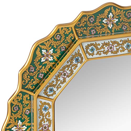 NOVICA Reverse Painted Wood and Glass Wall Mounted Mirror, Green, 'Green Star'