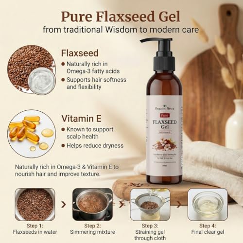 Image of Organic Netra Pure Flaxseed Gel with Vitamin E, Frizz Control & Curl Defining Gel for Curly & Wavy Hair, 200ml