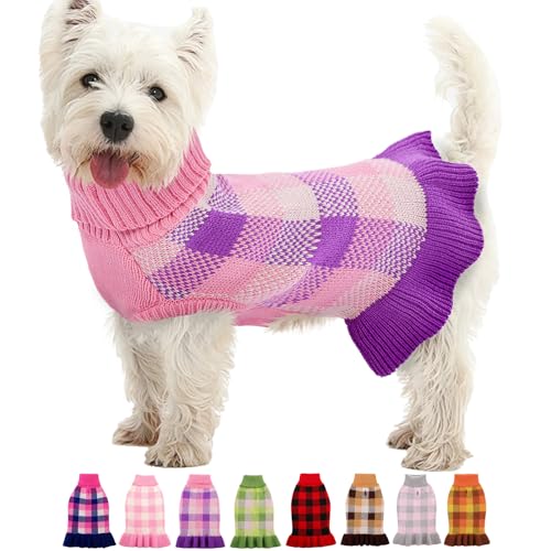Image of Dog Sweater Dress Plaid Knitwear for Small Medium Dogs Warm Puppy Pet Turtleneck Stretch Pullover Cute Fall Winter Vest Clothes with Leash Hole for Christmas (Purple, L)