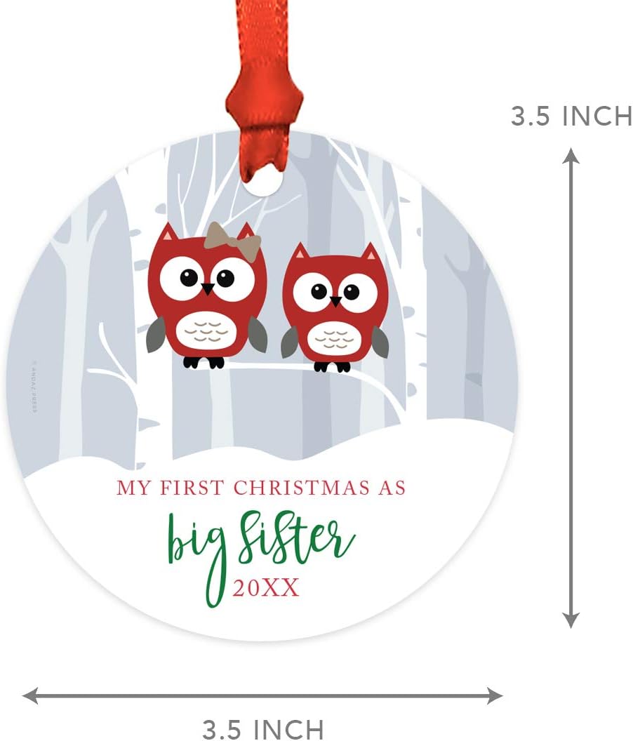 Andaz Press Custom Year Family Metal Christmas Ornament, My First Christmas As Big Sister 2024, Red Holiday Woodland Owls, 1-Pack, Includes Ribbon and Gift Bag